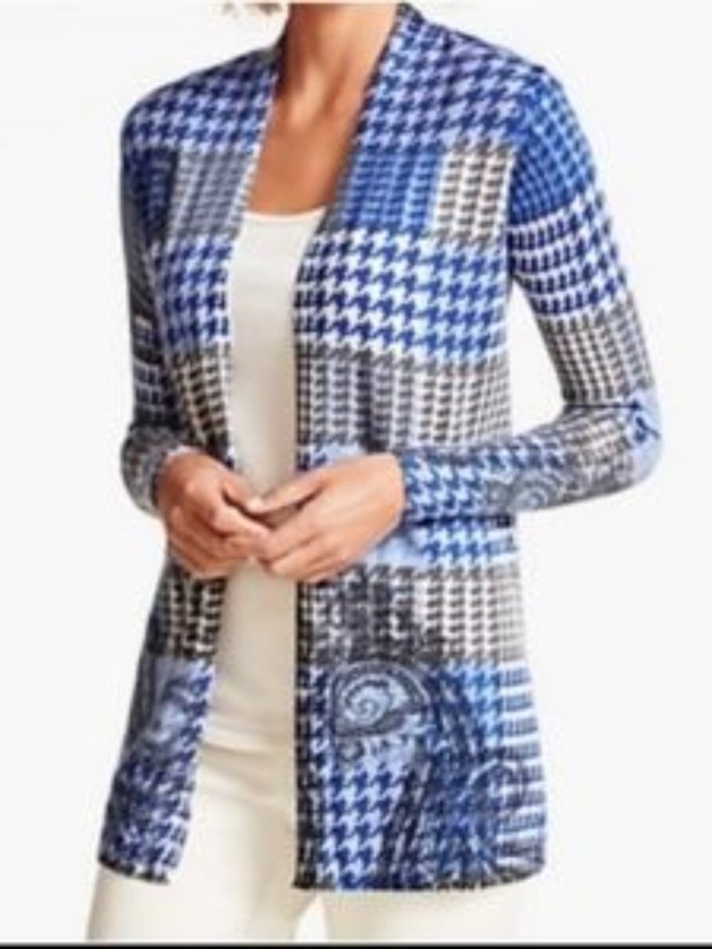 Talbots 100% Pure Merino Wool Blue Gray Houndstooth Open Front Cardigan Sweater